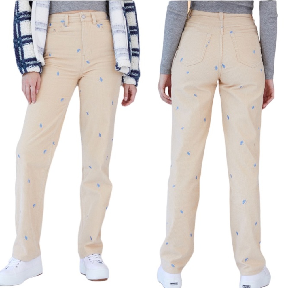 PacSun 90’s boyfriend tan corduroy embroidered mushroom high rise pants size 24